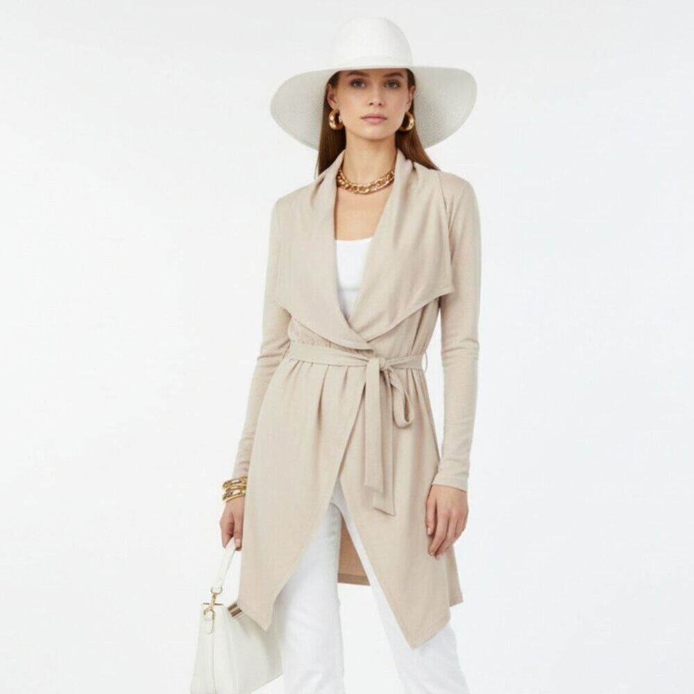 Nymphe Tan Faux Suede Open Front Drape Belted Sweater L